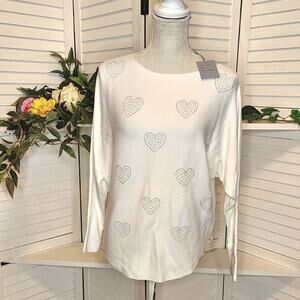 LIV MILANO EGGSHELL BEADED HEART SWEATER SIZE SMALL